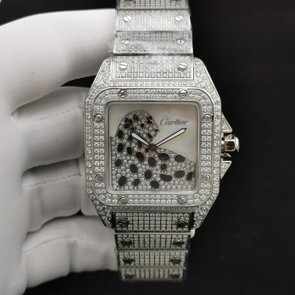 Cartier Santos Silver-Tone Panther Watch with Moissanite